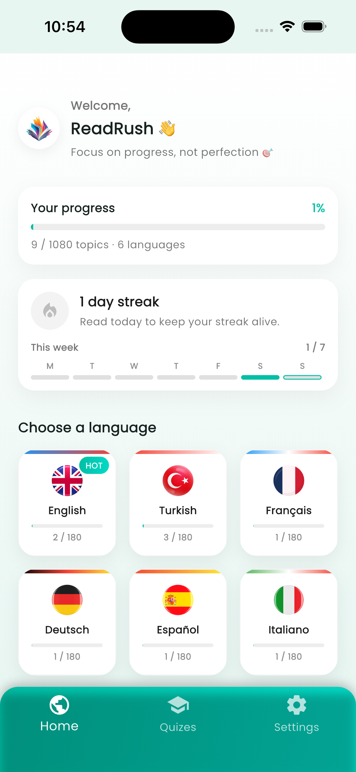 ReadRush app home screen showing progress, streak, and the 6 available languages
